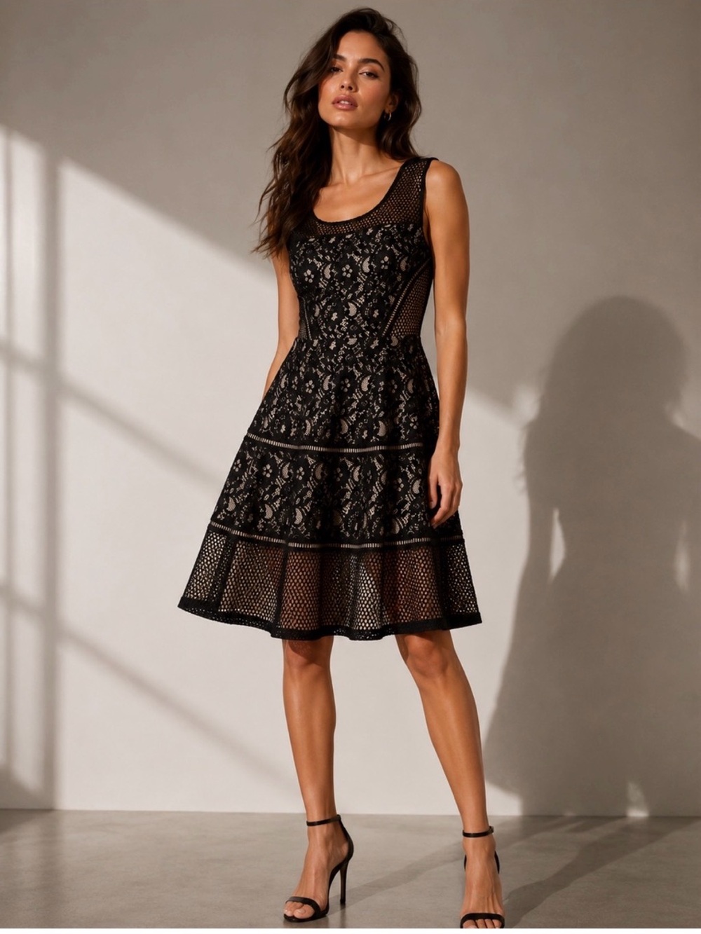 le chateau Black Lace Fit-and-Flare Midi Dress